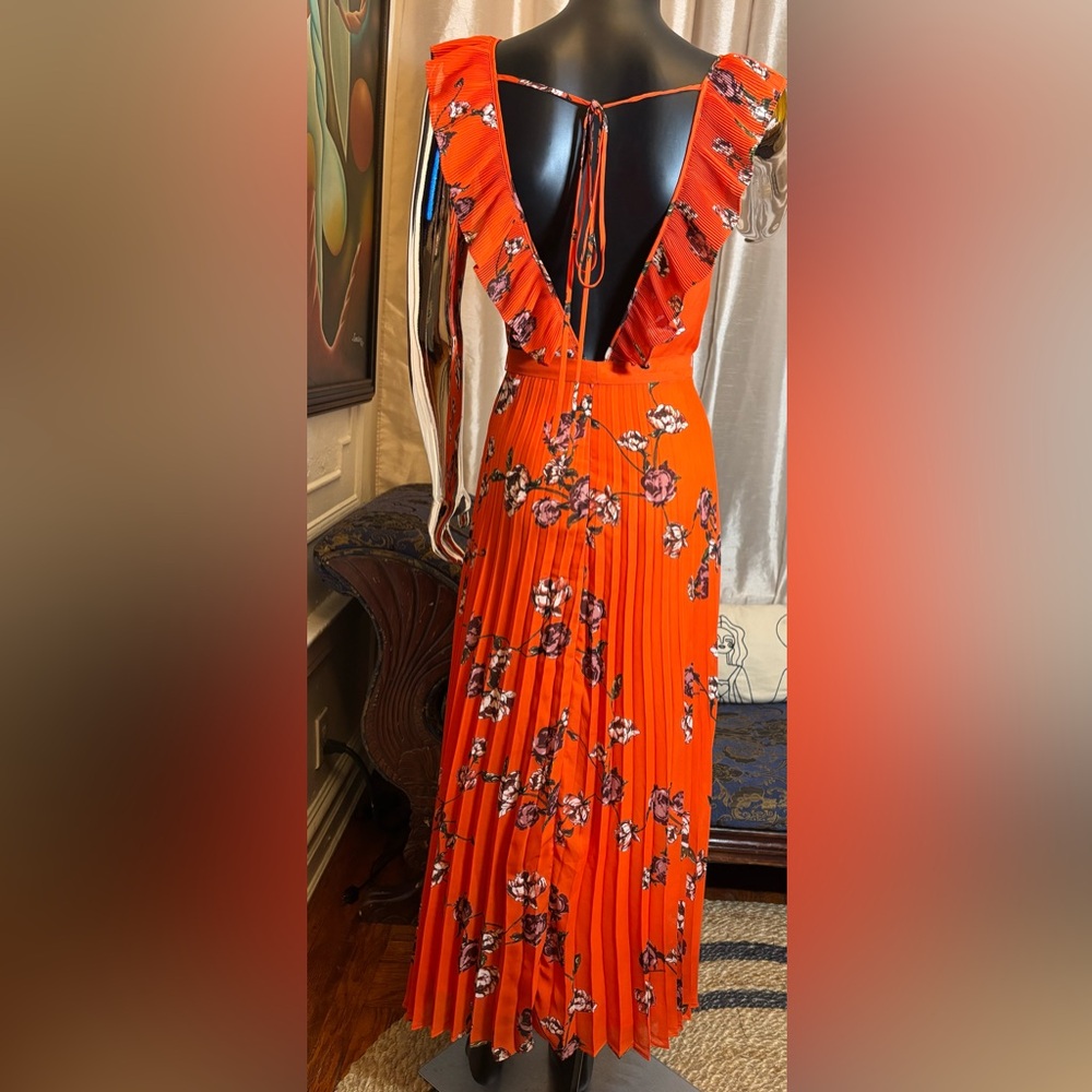NWOT Lulus Loved By You Red Orange Floral Print Pleated Chiffon Maxi Dress - Picture 4 of 10